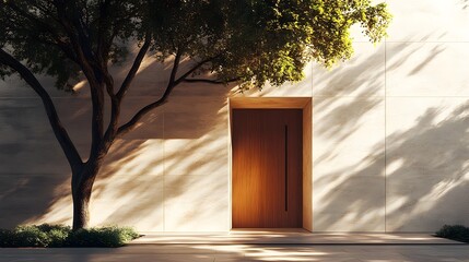 Modern Minimalist Entrance with Wooden Door and Sunlight Shadow on White Wall - Architecture, Design, Minimalism, Home, Exterior, Entrance, Door, Shadow, Sunlight, Building, Modern Design,