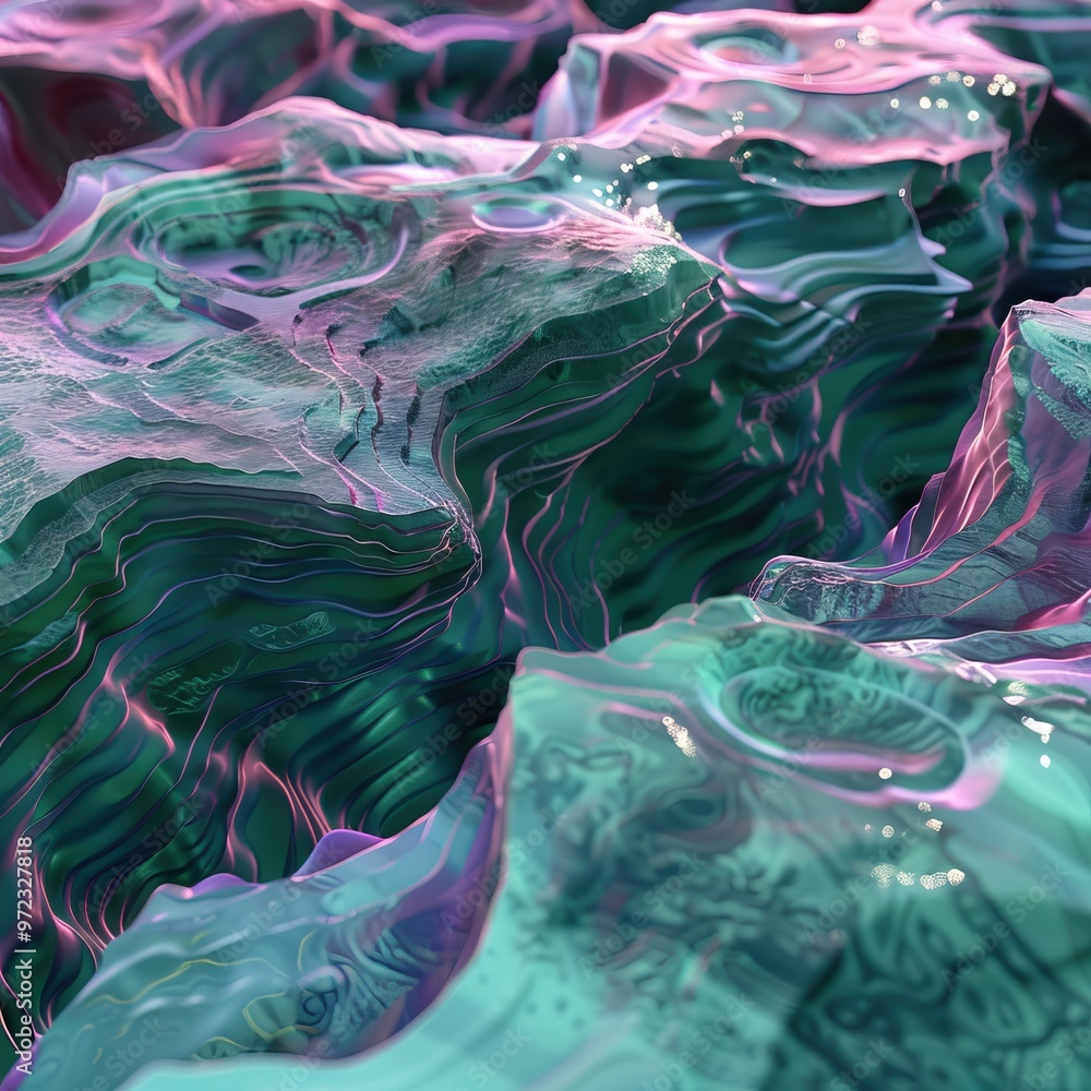 Poster a close-up of iridescent abstract textures with flowing shapes and vibrant colors, creating a mesmer