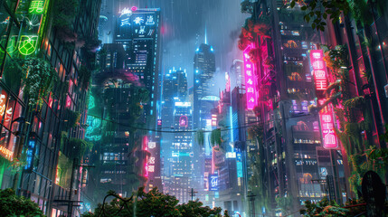 A neon cityscape with a lot of neon signs and a lot of green plants