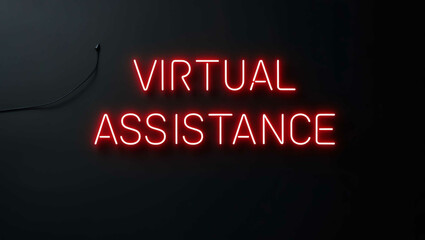 Obraz premium Virtual Assistance red neon lettering on plain black dark background