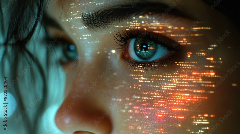 Poster close-up of an eye with glowing digital patterns reflecting light.
