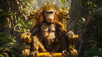 Fototapeta premium Majestic monkey monarch sitting on a golden throne in a lush jungle setting