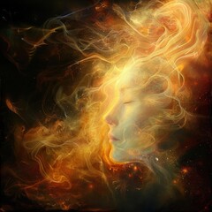 A stunning abstract representation of a human face intertwined with vibrant flames, evoking a sense of mystery and emotion.