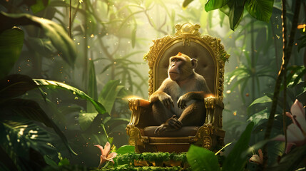 Majestic monkey monarch sitting on a golden throne in a lush jungle setting