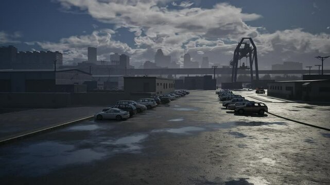 A row of parked cars sitting on top of a parking lot, neatly lined up under the clear blue sky.