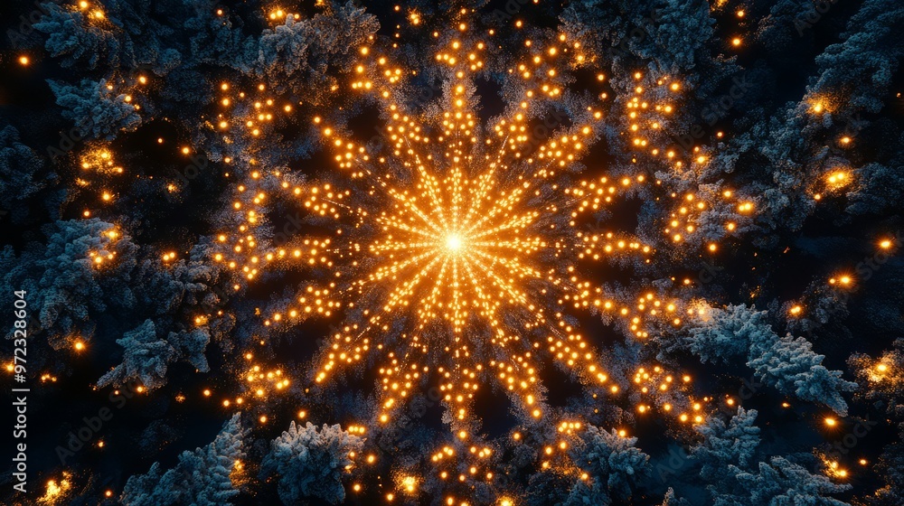 Poster geometric pattern of christmas lights arranged in a perfect circle around a tree, creating a glowing
