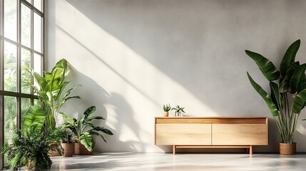 A white wall with a wooden console table and large plants,  with a window and sunlight behind the plants.
