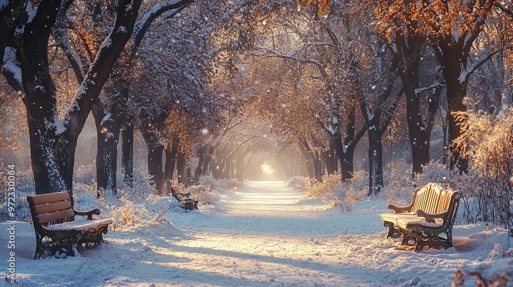 Poster path through a snow-covered park, with benches dusted in snow and trees creating a wintery archway. 