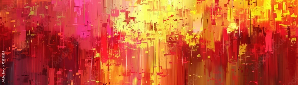 Poster vibrant abstract art with bold colors of red, orange, and yellow, creating dynamic patterns and text
