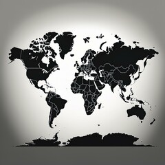 Customizable and precise grayscale world map silhouette, providing a clear background for educational, political, and travel-related content