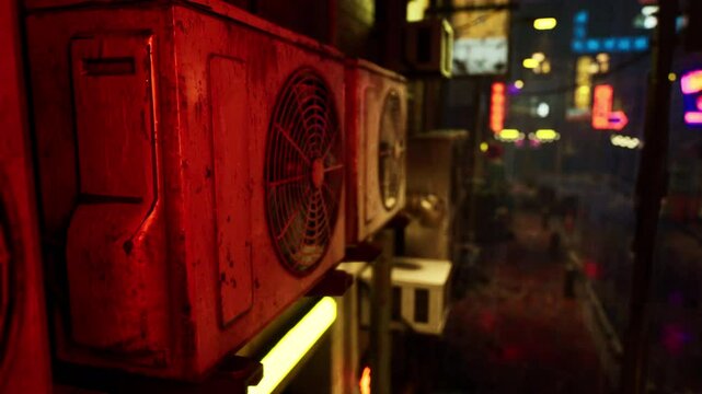 A bright red fan stands out against a building in a quiet Asian city on a rainy night.