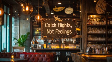 Catch Flights  Not Feelings Neon Sign in Bar Interior