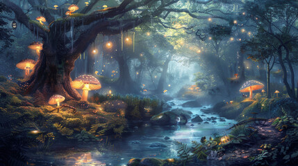 A forest with a river and a bunch of mushrooms