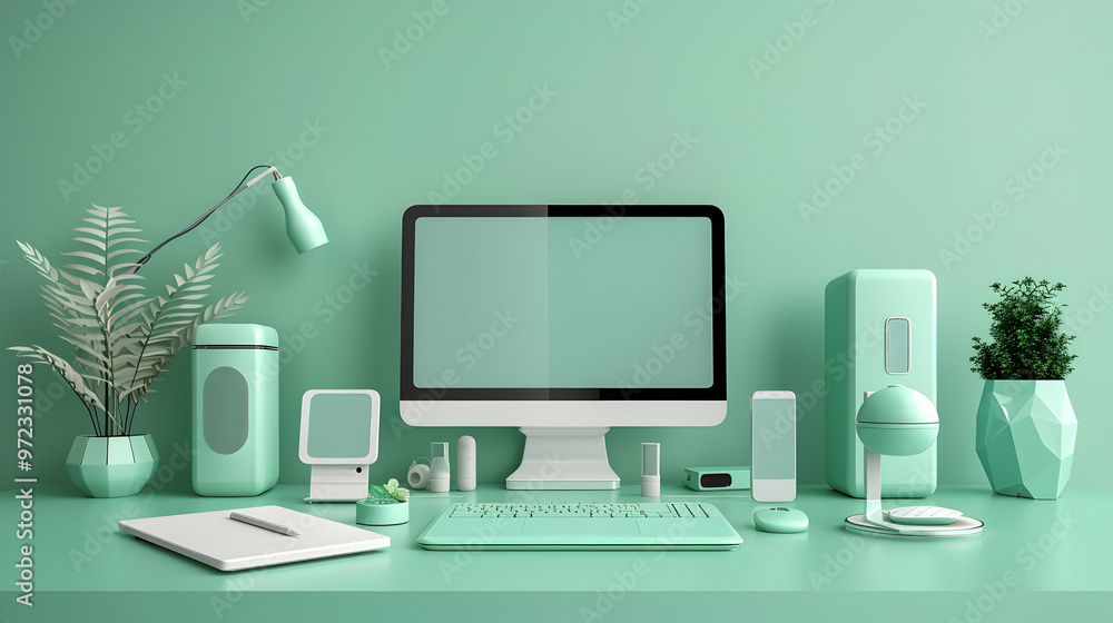 Poster minty green gadgets: an array of sleek, mint-green tech devices lined up neatly on a modern desktop