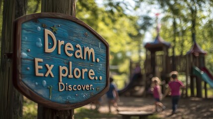 Wooden Sign Dream Explore Discover in a Playground