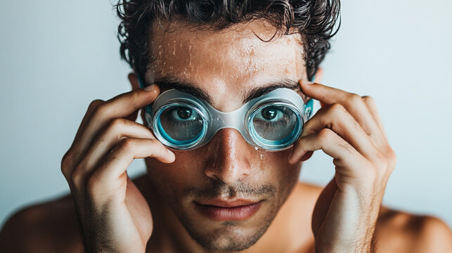 Young swimmer prepares for training session, adjusting goggles while looking focused in a bright indoor setting