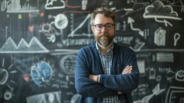 Businessman standing in front of a chalkboard with various business graphs and charts The background features doodles and business related icons in white on a dark backdrop - Powered by Adobe