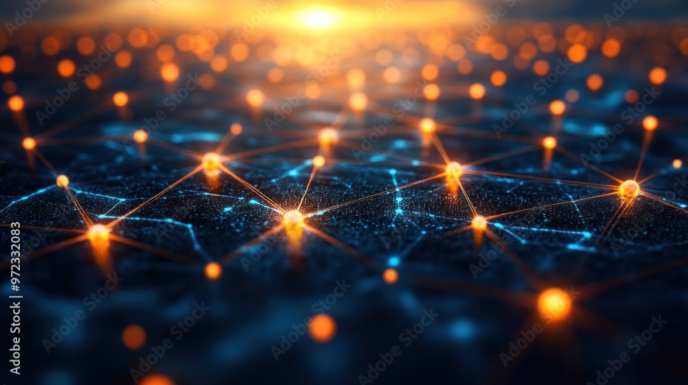 Poster abstract network of glowing nodes on a digital landscape.