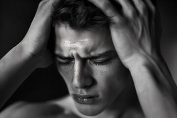 Close-up of a young man with his hands on his head, looking down with a distressed expression.