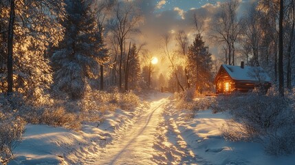 Obraz premium Snowy forest path leading to a distant, glowing cabin, with the trees casting long shadows under the bright moonlight. 4K hyperrealistic photo.