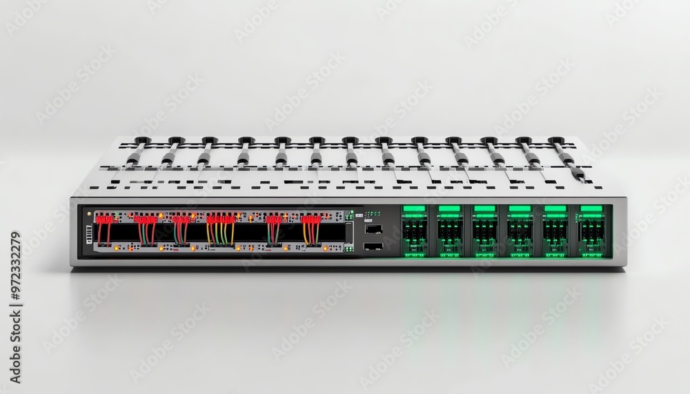 Poster server rack with multiple connected cables and green lights