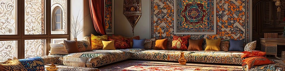 Luxurious Turkish room with deep red and gold carpets and ornate Iznik tiles.