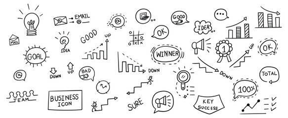Hand drawn line doodles vector design elements set of bar chart, business goal, email, light bulb, idea, team, winner. Business concept illustration.