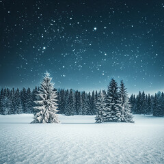 Obraz premium Snowy Winter Landscape Under a Starry Sky (christmas-tree)