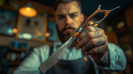Skilled barber holds scissors and comb, showcasing expertise in grooming at a vibrant barbershop in the evening