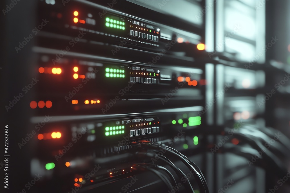 Poster close-up of server racks with lights and cables in a data center