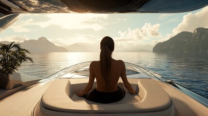 Rear View Woman Relaxing on a Luxury Boat Generative AI