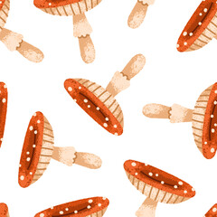 Fly agaric, seamless autumn pattern. Amanita, endless fall season background, repeating print. Mushrooms, forest fungi texture for textile, fabric, wrapping, wallpaper design. Flat vector illustration