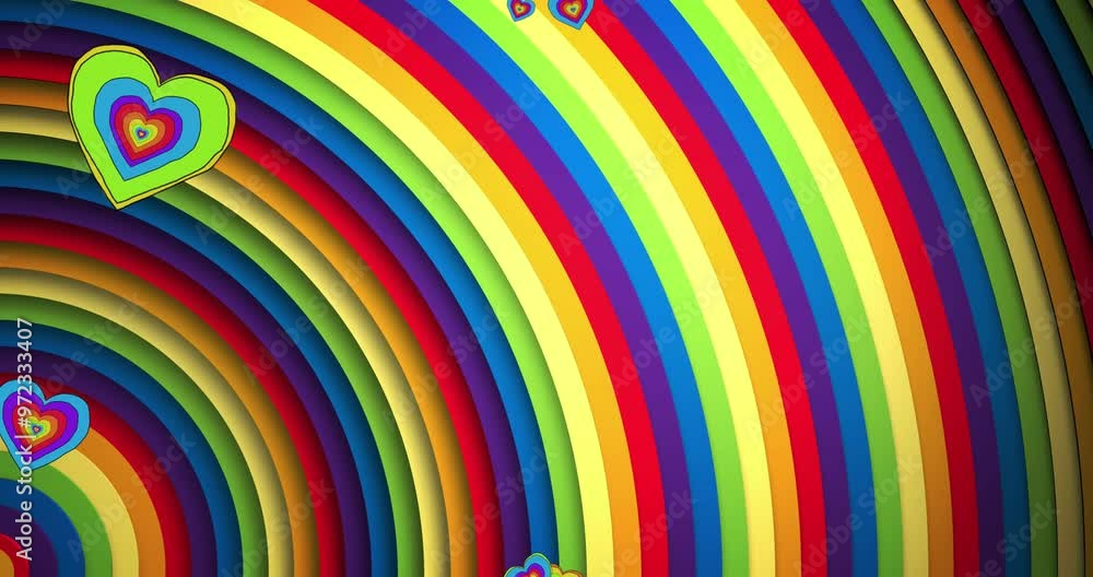 Wall mural animation of pride lgbtq hearts and rainbow shapes background