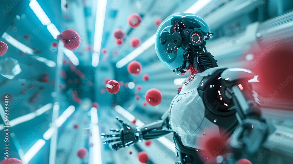 Poster nanotechnology assembling a cyborg in a zero gravity chamber tools floating around