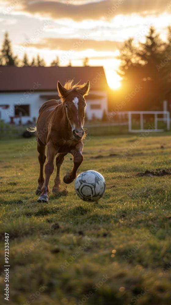 Sticker A brown horse runs towards a soccer ball on a grassy field. AI.