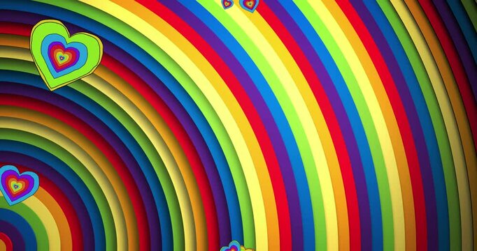 Animation of pride lgbtq hearts and rainbow shapes background