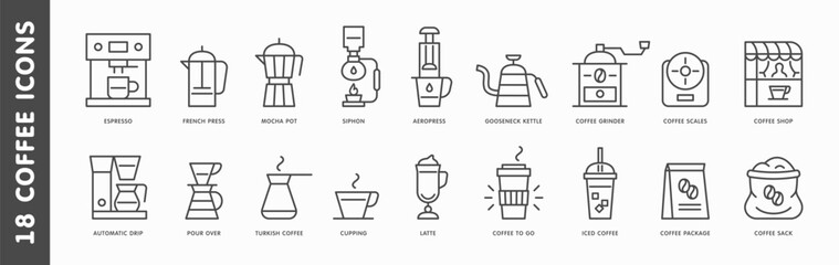 Coffee brewing alternative methods icons set. Espresso, french press, mocha pot, pour over, cup, turkish coffee icon. Coffee shop pictogram. Vector web symbol or logo design element