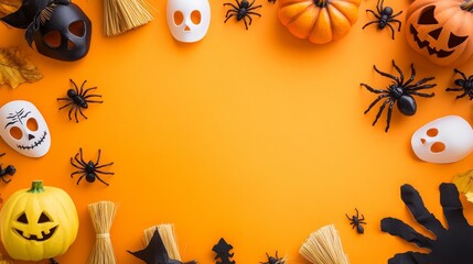 Spooky Halloween Props on Vibrant Orange Background with Copy Space