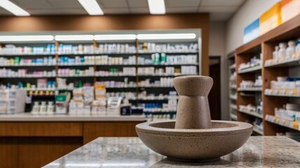 Fototapeta premium Mortar and pestle sitting on counter with pharmacy in background