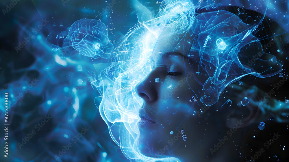 Poster neurotechnology applied in brain-computer interfaces, demonstrating the integration of technology wi