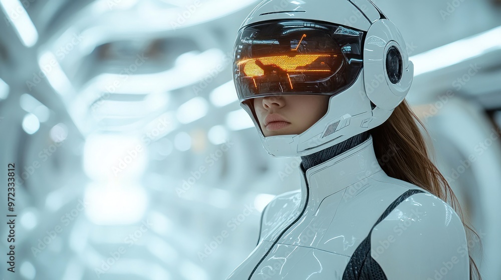 Poster futuristic figure in a sleek helmet and suit within a high-tech setting.