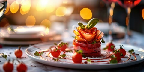 Obraz premium A beautiful and elegant rose-shaped dish made from fruit. AI.