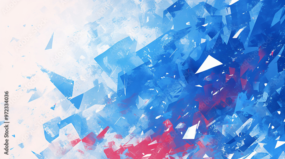 Poster a dynamic abstract background filled with fragmented geometric shapes in blue and red tones, creatin