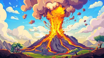 Colorful cartoon volcano erupting with molten lava