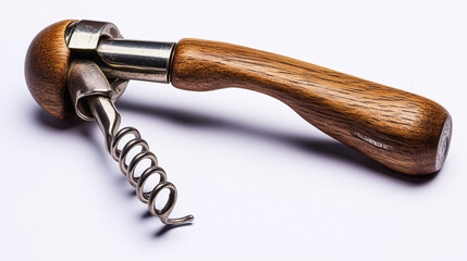 A classic wooden handled corkscrew on a white background, showcasing its design and functionality for wine enthusiasts