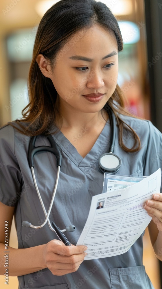 Poster A doctor reviews medical documents. AI.