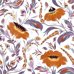 Floral seamless pattern from hand painted gold chrysanthemum flower and purple leaf bouquets on a white background