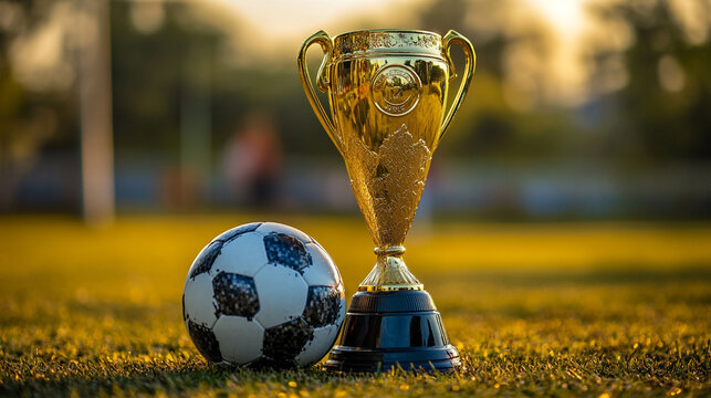 Golden trophy and soccer ball on a grassy field during sunset, capturing the essence of competition in a local match