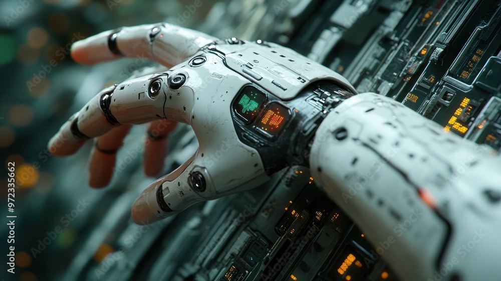 Poster a futuristic robotic hand interacting with a digital interface.
