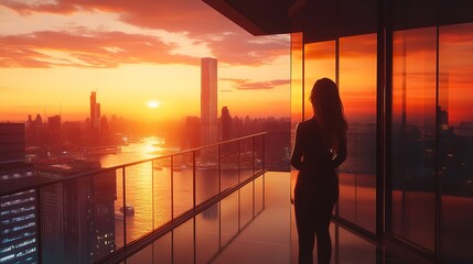 Fototapeta premium Rich Woman Enjoying the Sunset Standing on the Balcony at Luxury